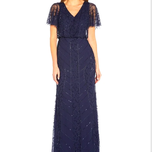 Adrianna Papell | Dresses | Adrianna Papell Beaded Blouson Gown Navy Dark  Blue Long Cocktail Dress Size 8 | Poshmark